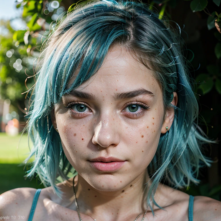 face of beautiful age 18 girl, light blue hair, freckles, green eyes, sexy, beautiful, dslr, 8k, 4k, ultrarealistic, realistic, natural skin, textured skin,