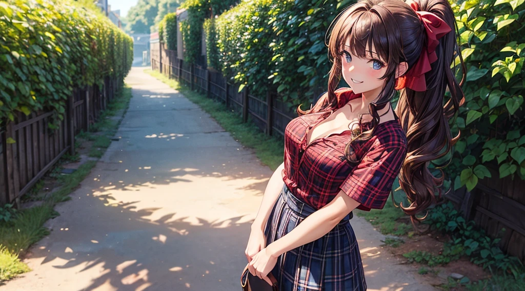 1girl, solo, full body, summer, village, trees, long hair, brown hair, curly hair, ponytail, large breasts, cleavage, button down, dark blue eyes, ((red shirt)), ((checked shirt)), ((unbuttoned shirt)), ((short sleeved shirt)), skirt, brown shoes, grin, looking at the viewer, standing, hair ribbon