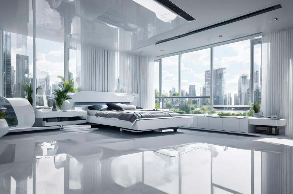 (Best quality at best,4K,8K,A high resolution,tmasterpiece:1.2),ultra - detailed,(actual,realisticlying,Photorealistic:1.37),((Minimalist style)),A futuristic,in-house,curve furniture bedroom,((All white)),spacioight and airy,Integrated curved streamline design))