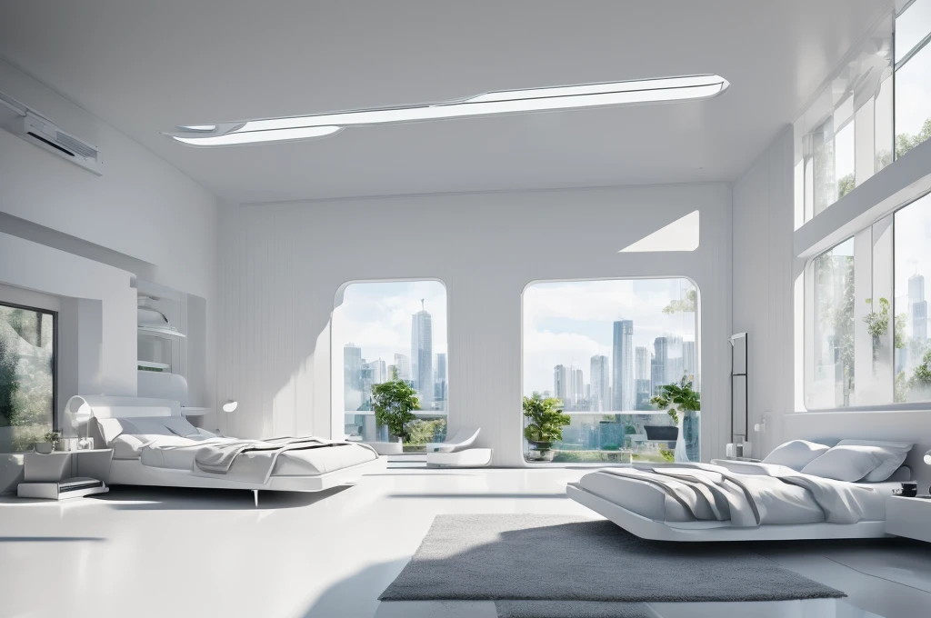(Best quality,4K,8K,A high resolution,tmasterpiece:1.2),ultra - detailed,(actual,realistically,realisticlying:1.37),((minimal style)),A futuristic,interiors,curve furniture bedroom,((full white)),Plenty of space、Well ventilated,Integrated arc streamline design))