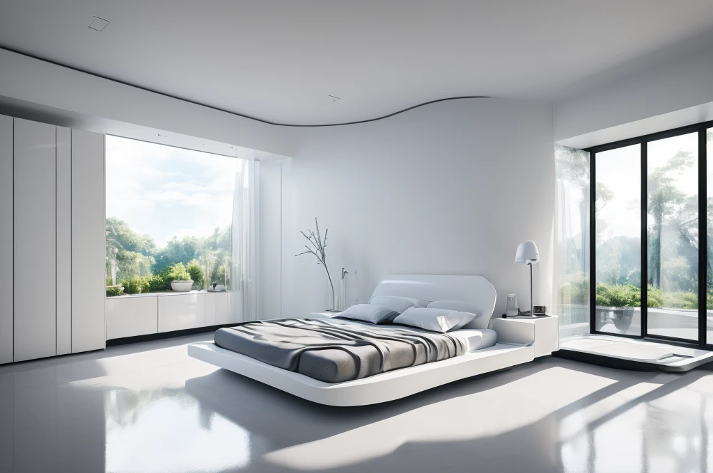 (Best quality at best,4K,8K,A high resolution,tmasterpiece:1.2),ultra - detailed,(actual,realisticlying,Photorealistic:1.37),((Minimalist style)),A futuristic,in-house,curve furniture bedroom,((All white)),spacioight and airy,Integrated curved streamline design))