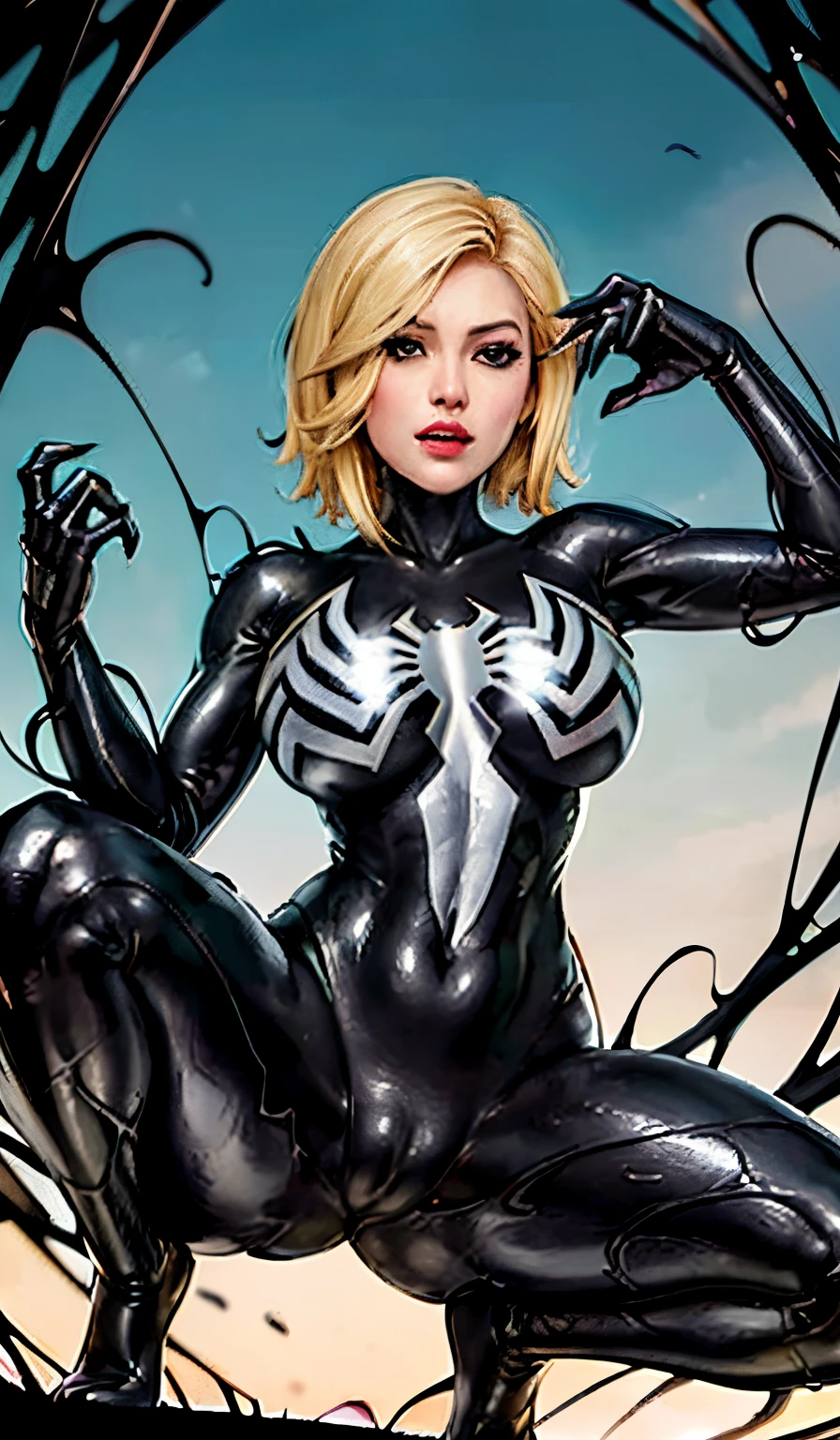 4K,realisticlying,Glamorous,The very detailed,There a girl in Dingcheng,Blonde hair,Wearing a black Spider-Man costume,(Black and white:1.4) the night,symbiote,venomize,a large amount of mucus,she a spiderman,Black superhero theme,In front of the sky,Flushed complexion,( Open legs, camel-toe,, Vulvar shape:1.3),(GGCameltoe:1.3)Legs apart,25 age old,full bodyesbian