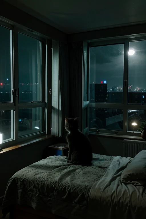 create a room with low light in a nighttime environment the windows are large with views outside, on top of a dresser there is a kitten looking out of the window