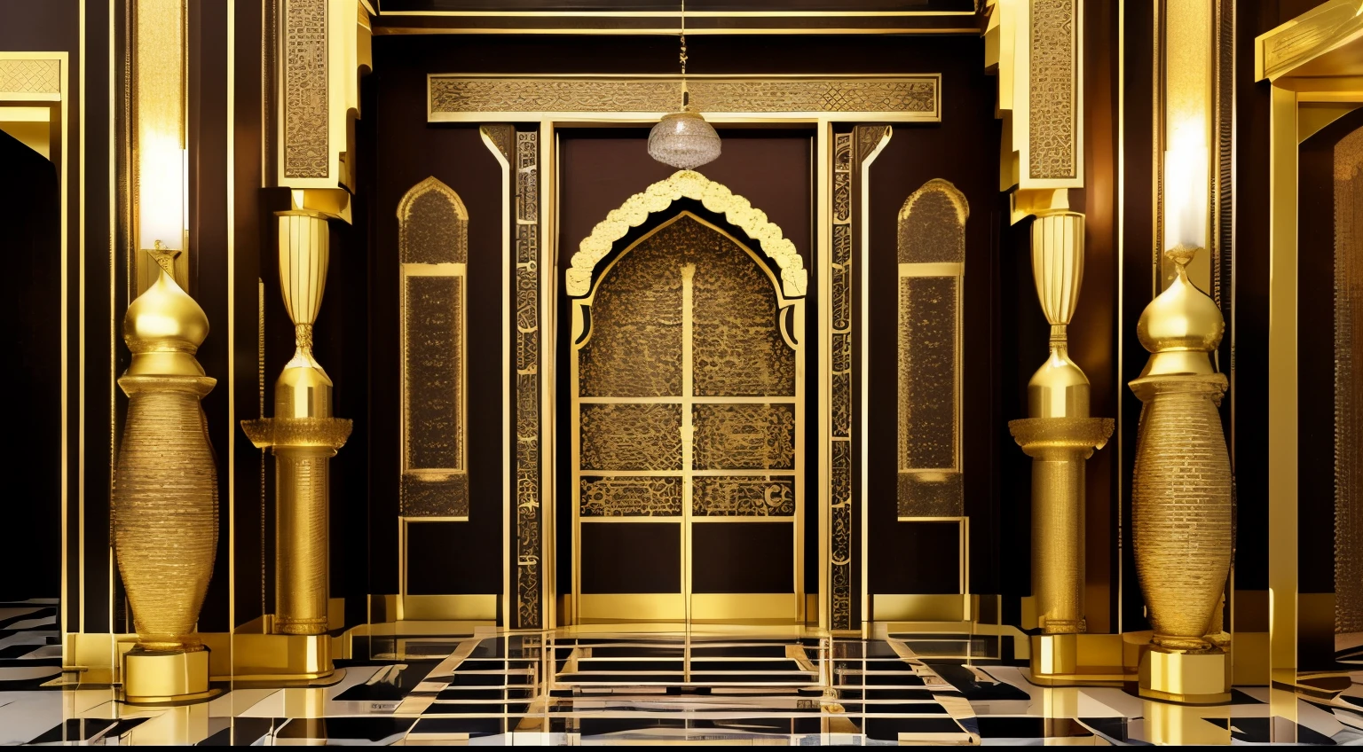 entrance of a very elegant Arab palace with gold details