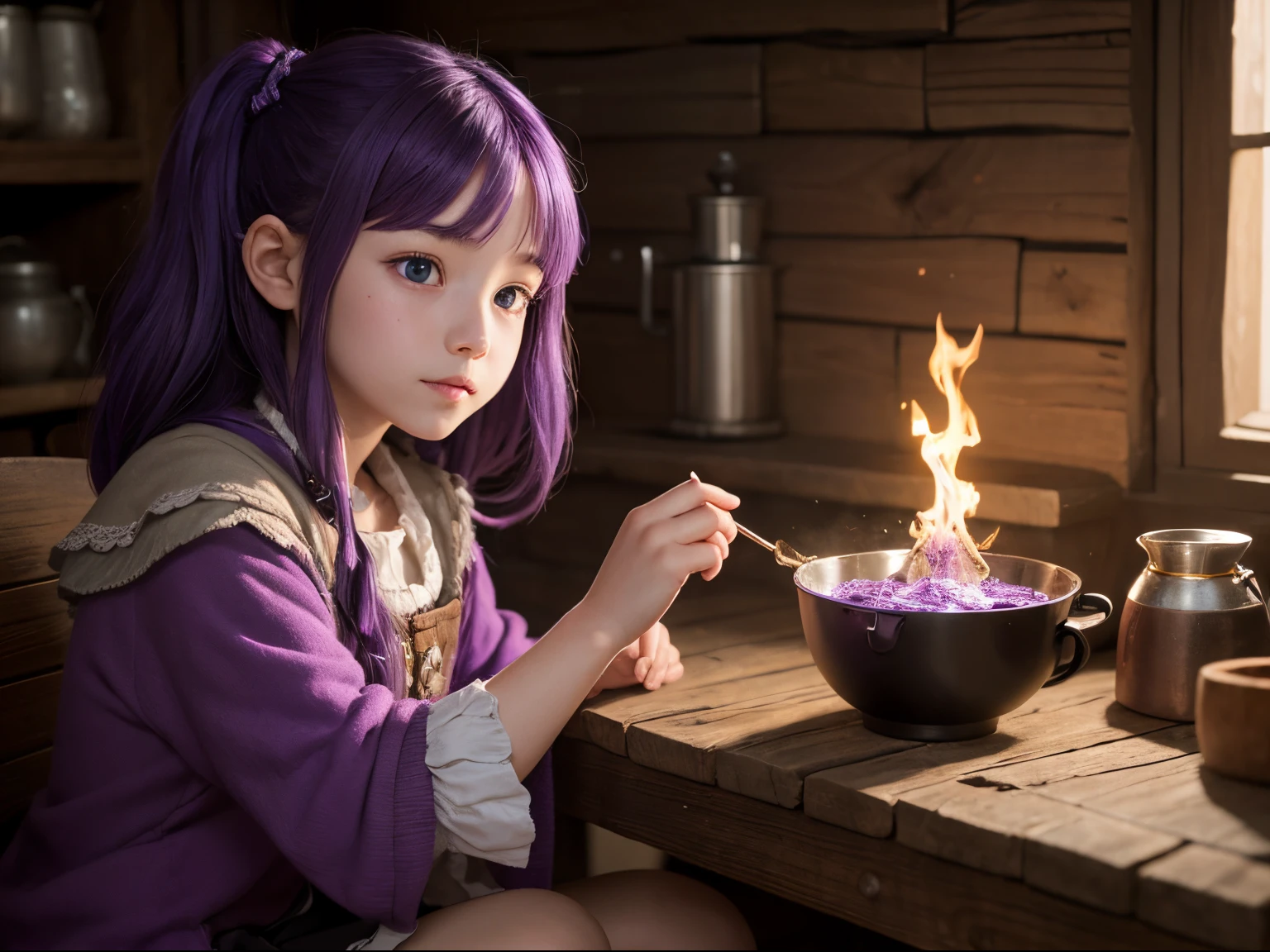 A young girl witch with sparkling purple hair and mismatched eyes, brewing a potion in her cozy cottage.