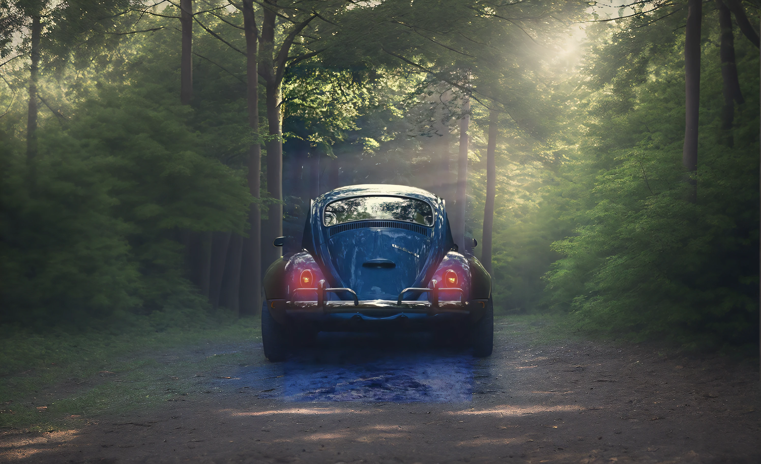 car with a studded beetle parked in a forest with trees in the background, besouro, Inspirado no besouro, with cold headlights, Cinematic Shot!, fotografia automotiva, Car photography, um defensor retropunk da natureza;, carro vintage, classic car, vehicle photography, tiro de carro, carro, cinematic front shot, vista completa de um carro, blue headlights