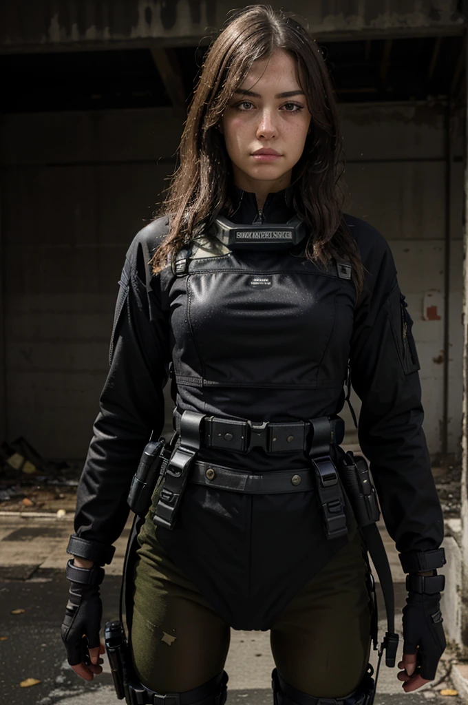 STAR15Mod, (Masterpiece), (Best quality), (Ultra detailed), (Best illustration), (Best shadow), Looking at viewer, Military woman shot, Tactical equipment, Tactical bags, (gas mask:0.8) , Tactical armor, assault rifle, Holstered pistol, (frown:1.3), 1 woman, only, wet shiny skin, bloody, ruined city, Fire
