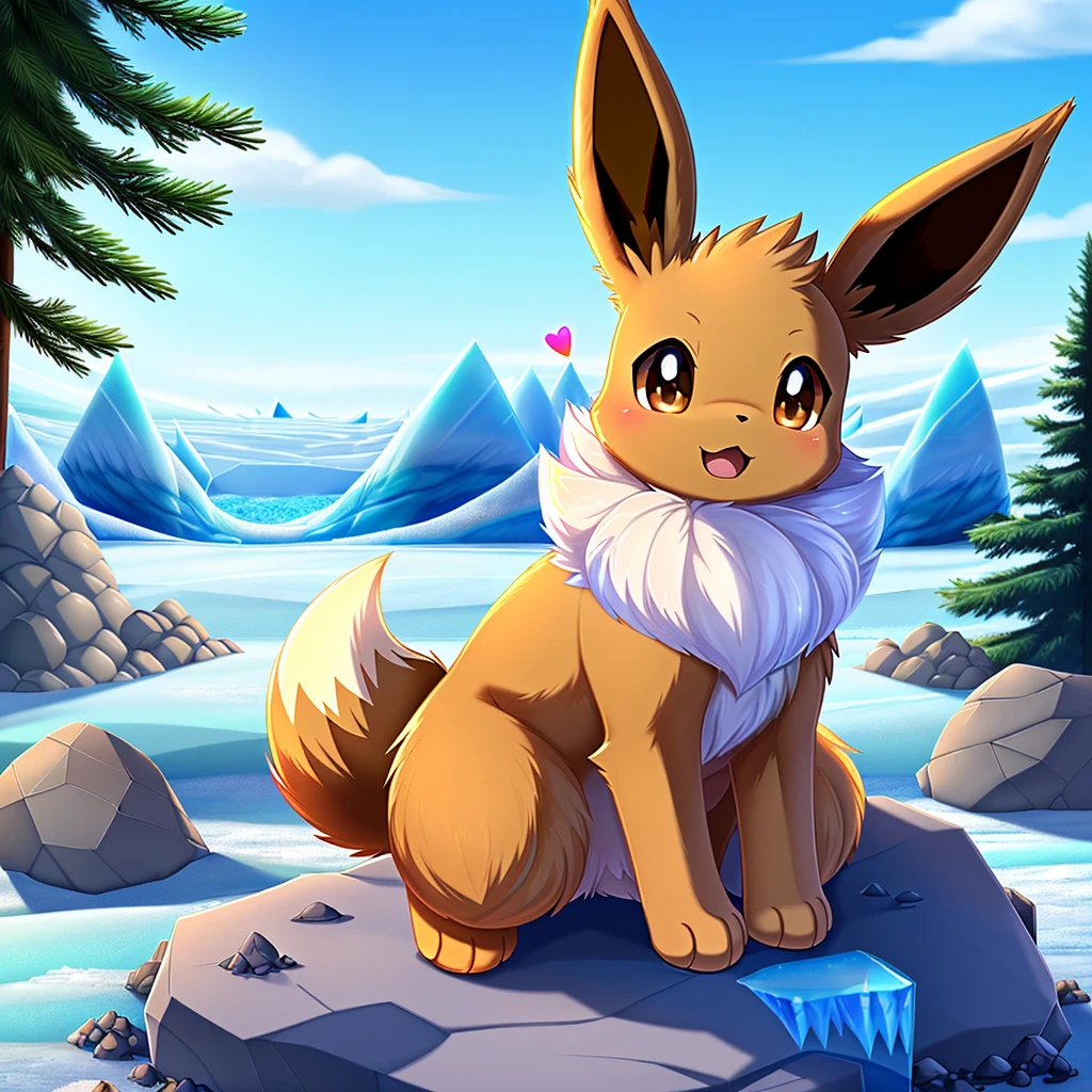 Eevee  overjoyed in your company, Eevee stared at you with love and affection, the frigid weather contrasted the warm loving enthusiasm Eevee expressed, the cold snowy breeze ruffled her fur as her tail wagged enthusiastically, hearts and sparkles emphasized her love and joy, her dynamic pose emphasized excitement, breathtaking snowy landscape with a focus on Eevee, uneven lighting exaggerating her long fluffy fur and large body, the rushing wind and ruffling fur brings life and energy into the tender scene, her eyes shine with exuberant vitality and beauty, The pet Eevee sat obediently as it focused on you, (((solo portrait, front view, plump, (((quadruped, feral, fore paws, hind paws, haunches, sitting))), (((((Gorgeous display of vivid colors and precise attention to detail, vast glacial landscape with pine trees and rocks)))))