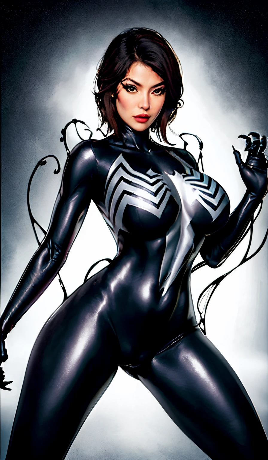 4K，realisticlying，Glamorous，The  very detailed，There  a girl in Dingcheng，Wearing a black Spider-Man costume，（Black and white：1.4） the night,symbiote，venomize，a large amount of mucus,she  a spiderman，Black superhero theme，In front of the sky，Flushed complexion，( Open legs， camel-toe，Vulvar shape：1.3）(GGCameltoe:1.3)Legs apart，25 age old，full bodyesbian