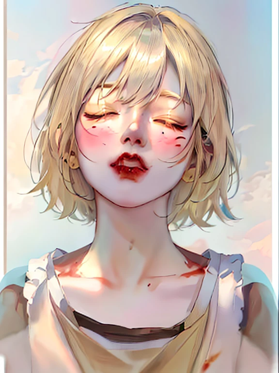 anime girl with closed eyes, Guweiz style artwork, Kawaii realistic portrait, Anime CG soft art, Detailed digital anime art, Beautiful anime portrait, Detailed portrait of Anime Girl, Anime realism style, Anime art digital, Realistic anime art style, Guweiz on Artstation Pixiv, Anime Girl Portrait, Guweiz, blonde, blonde hair, blood drops on face,