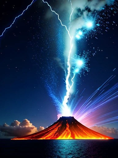 dramatic sky, blue lightning Style: masterpiece, best quality, 8k, sharp focus, realistic, ((Detailed)), ((Dynamic pose)), ((Good Highlights)), (Perfect Proportions), (dynamic), (intricate), (complimentary colors), good perspective, (Professional), (Award winning)
ADDCOMM
volcanic island background
Red flame, soft particles, explosion
BREAK
green flame, soft particles, explosion
BREAK
blue flame, soft particles, explosion
volcanic island background