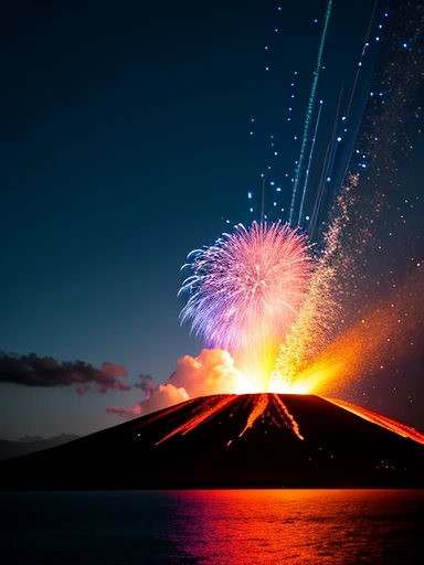 dramatic sky, blue lightning Style: masterpiece, best quality, 8k, sharp focus, realistic, ((Detailed)), ((Dynamic pose)), ((Good Highlights)), (Perfect Proportions), (dynamic), (intricate), (complimentary colors), good perspective, (Professional), (Award winning)
ADDCOMM
volcanic island background
Red flame, soft particles, explosion
BREAK
green flame, soft particles, explosion
BREAK
blue flame, soft particles, explosion
volcanic island background