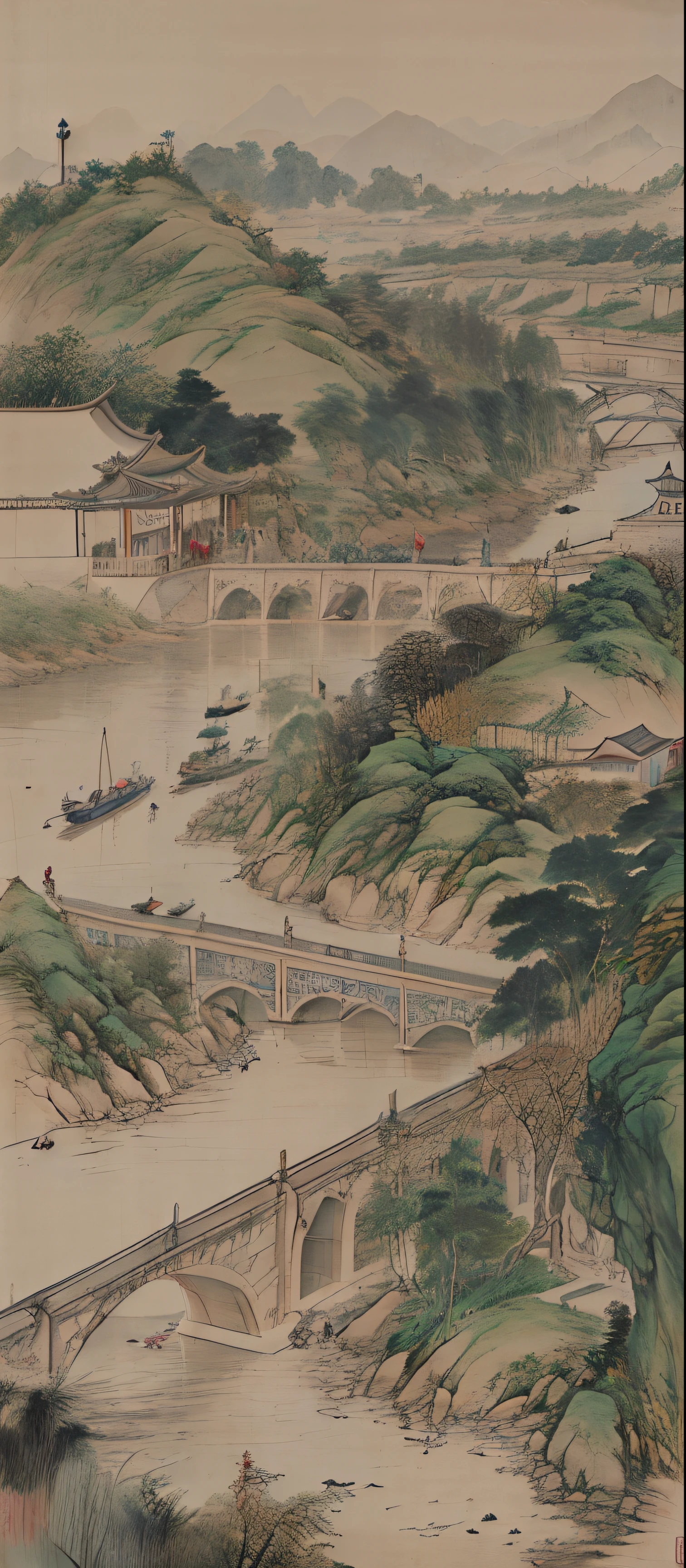 scenecy。Qingming upper river map，Horizontal layout，A high resolution，Best quality，ultra - detailed，dynamic angle，afloat，Bustling cityscape，Complicated details，Historic buildinglowing rivers，vibrant with colors，Volumetriclighting，Crowded boats and bridges，Rich cultural background。
