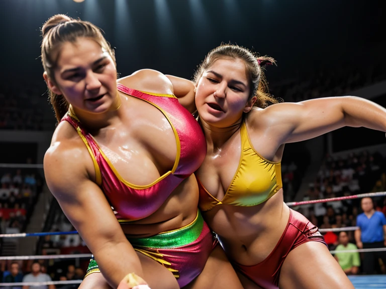 (best quality,4k,8k,highres,masterpiece:1.2),ultra-detailed,(realistic,photorealistic,photo-realistic:1.37),HDR,UHD,studio lighting,ultra-fine painting,sharp focus,physically-based rendering,extreme detail description,professional,vivid colors,bokeh,portraits
Two strong women wrestlers battling above the wrestling ring. They both have determined expressions on their faces and their bodies are covered in sweat. The wrestling ring is brightly lit with studio lighting, which creates intense shadows and highlights their muscular figures. The women wear colorful and vibrant costumes that represent their vibrant personalities. The colors used are rich and vivid, with a touch of deep saturation to emphasize the intensity of the match. The painting style is ultra-detailed, with every muscle and movement intricately captured. The faces of the wrestlers are extremely detailed, showcasing their beautiful eyes, strong and determined expressions, and expressive lips. The background consists of cheering fans, adding excitement and energy to the scene. The overall composition is dynamic and captures the action and strength of the female wrestlers.