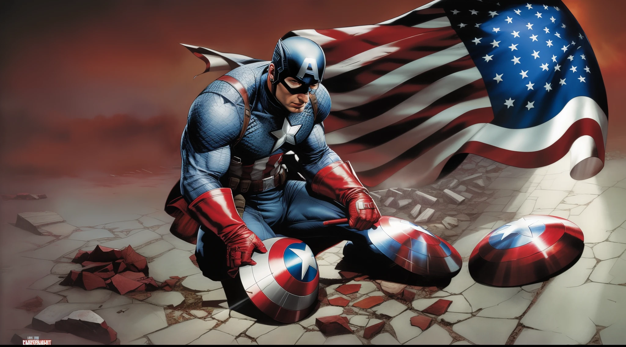 a close up of captain america kneeling on a cracked ground with a flag, a bandeira americana, Lee Bermejo, Mike Deodato Jr, inspirado em Mike Deodato, Captain America, david finch, jason fabok, Directed by: Mike Deodato, Mark Brooks detalhou, Travis Charest, john romita junior, john romita senior, Directed by: Mark Brooks