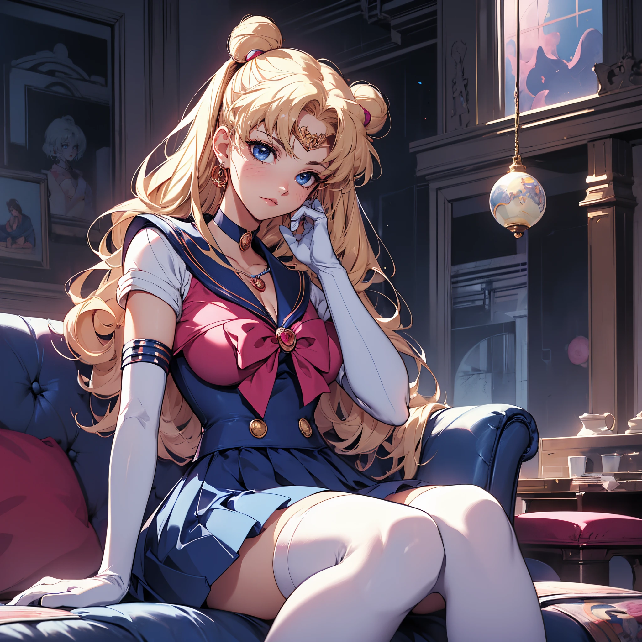 (masterpiece),(sailor moon) (risograph) best quality, full-body shot, expressive eyes, perfect face, medium breast, good breast, beautiful, gorgeous ,sitting on a couch, blonde, medium shot, indoors, lab, cleavage, aausagi, double bun, twintails, parted bangs, circlet, jewelry, earrings, choker, red bow, white gloves, elbow gloves, blue skirt, feminine, blushing, masturbation from below, Grab your own breasts, sit on the floor, Spread your legs,