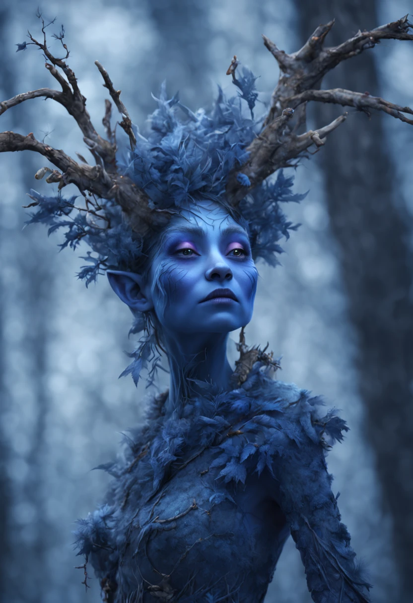 a fantasy winter twig creature in a forest, a character portrait, SNOWY forest background by Wendy Froud, in the style of Donata Giancarlo featured on zbrush central, fantasy art, wild rave outfit, anthropomorphic, psytrance, flora, 4K OCTANE RENDER, FANTASY ART.