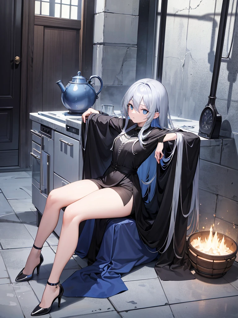 in the kitchen，black long straight hair，blue colored eyeeautiful legs，silver high heels，A beautyful girl，Scared，Kneel down in a cauldron，