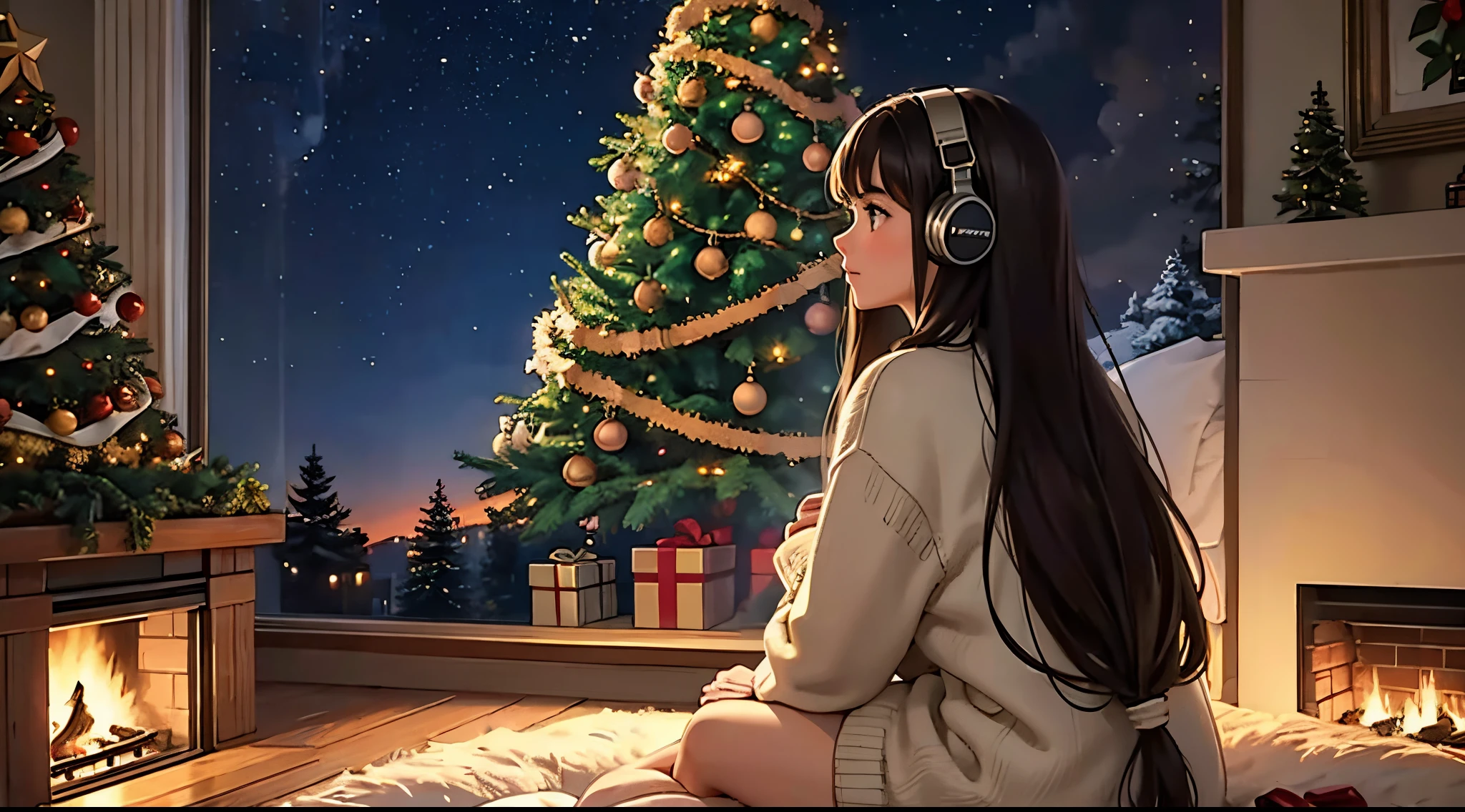 a lofi relaxed girl with headphones sitting on the floor in front of a christmas tree, looking at tree, back view, holiday vibe, christmas night, ✨🕌🌙, christmas decorated, sweater, long hair, brunette, with a tree in the background, cozy, beautiful, with a tall tree, christmas tree, 😎 🕹️ 👀 :2, cozy setting, fireplace, ultra high quality