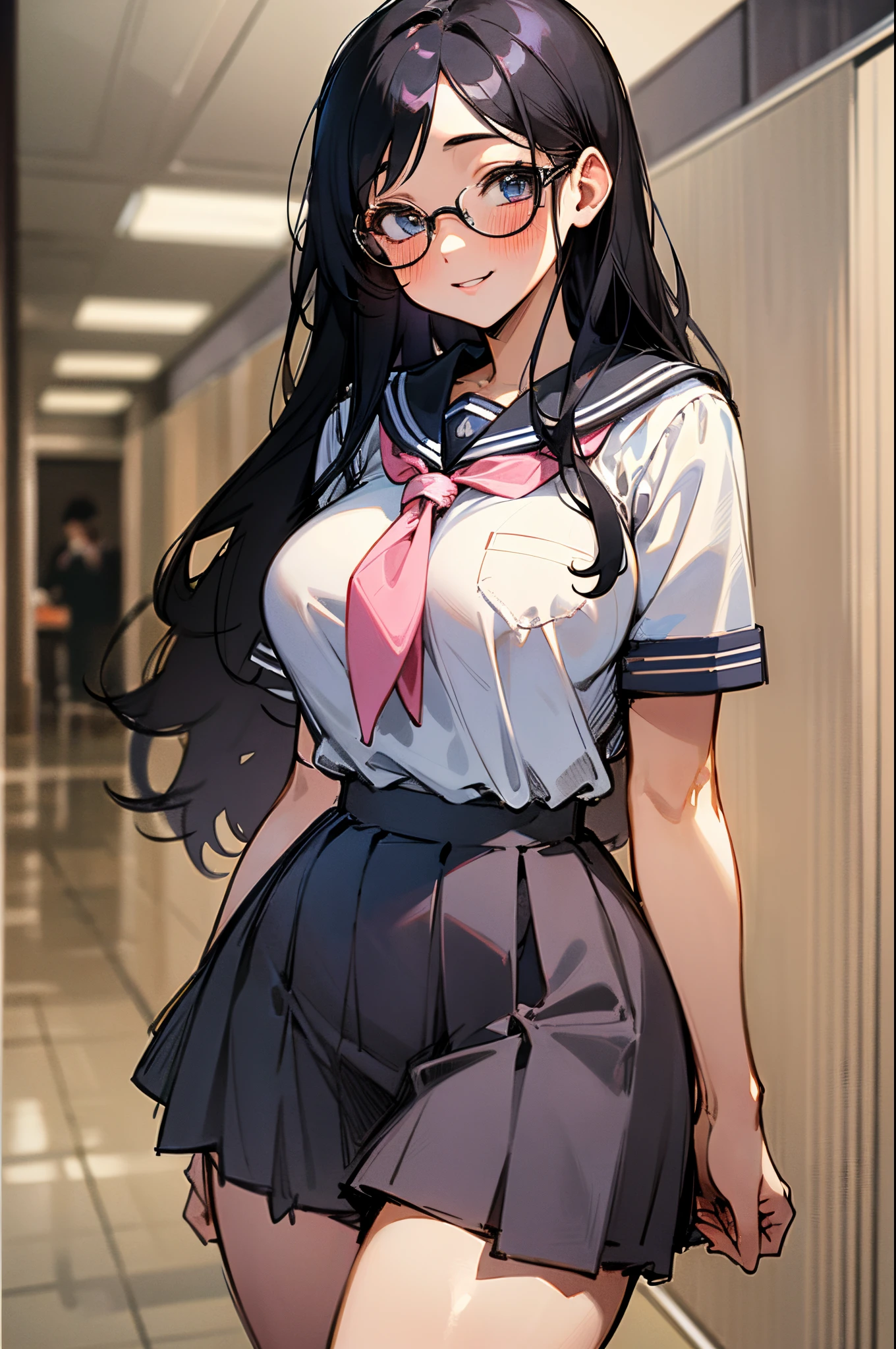 (1girl:1.4) schoolgirl, beautiful, perfect eyes, perfect face, perfect lighting, 1girl, long black hair, (large breasts:1.2) wide hips, white and pink schoolgirl sailor uniform, shy smile, thick round glasses, cheeks blushing, absurdres, [perfect shadows and lighting] detailed background, incredible high-key lighting, rich colors, school hallway background, accurate, anatomically correct (masterpiece:1.3) ultra detailed illustration, (best quality:1.1), textured skin, high details, award winning, highres, UHD, UHD, UHD, UHD, UHD, award winning, highres