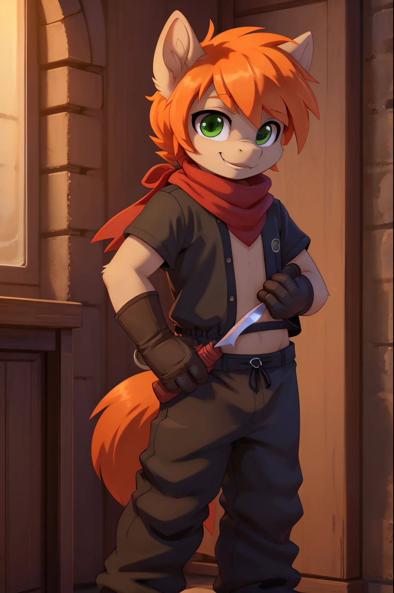 Young anthro pony, , red scarf, baggy black clothes, black glove on right arm, black right arm, Tan body, orange hair, green eyes, Holding dagger, Holding dagger to chest, smiling, tan pants, long red tattered scarf