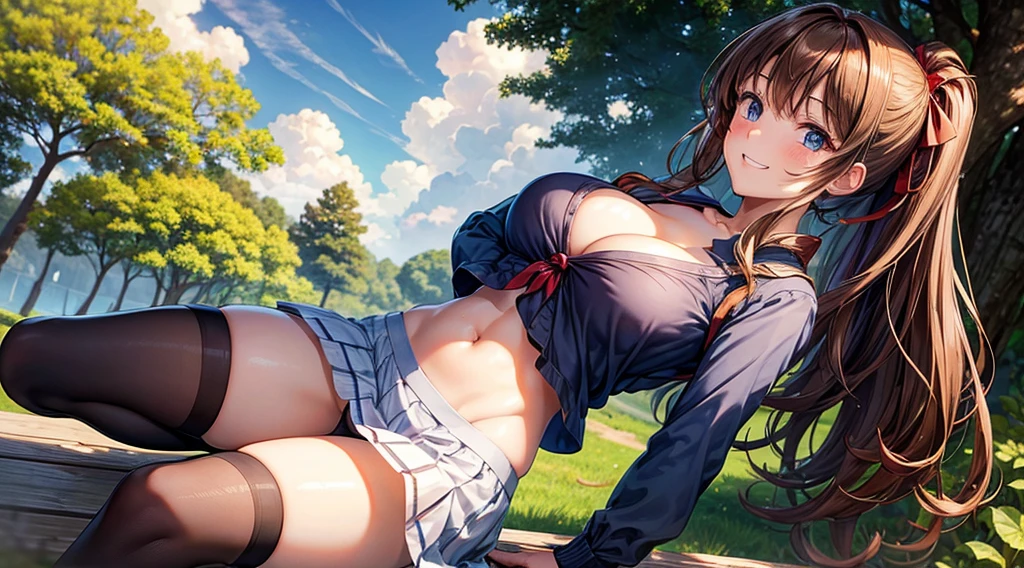 1girl, solo, summer, village, trees, sun, clouds, long hair, brown hair, curly hair, ponytail, large breasts, cleavage, button down, dark blue eyes, ((red top)), belly, skirt, brown shoes, grin, looking at the viewer, standing, hair ribbon