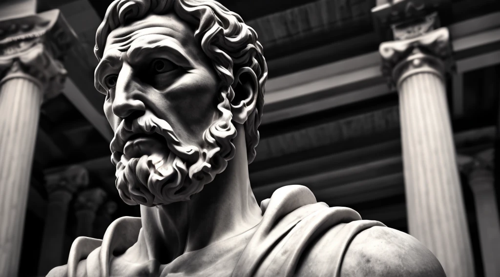 Seneca, close-up of a classic wise greek philosopher, statue in a temple, stoic posture, greek god, wisdom, cinematic feel, black and white, ultra realistic, ultra detailed and handcrafted in every aspect, dark, Muscular