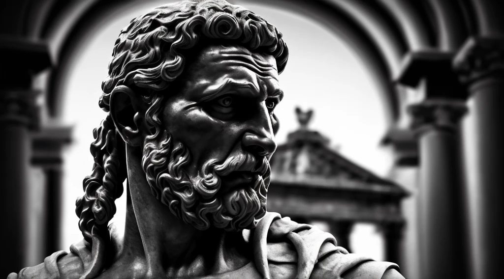 Seneca, close-up of a classic wise greek philosopher, statue in a temple, stoic posture, greek god, wisdom, cinematic feel, black and white, ultra realistic, ultra detailed and handcrafted in every aspect, dark, Muscular