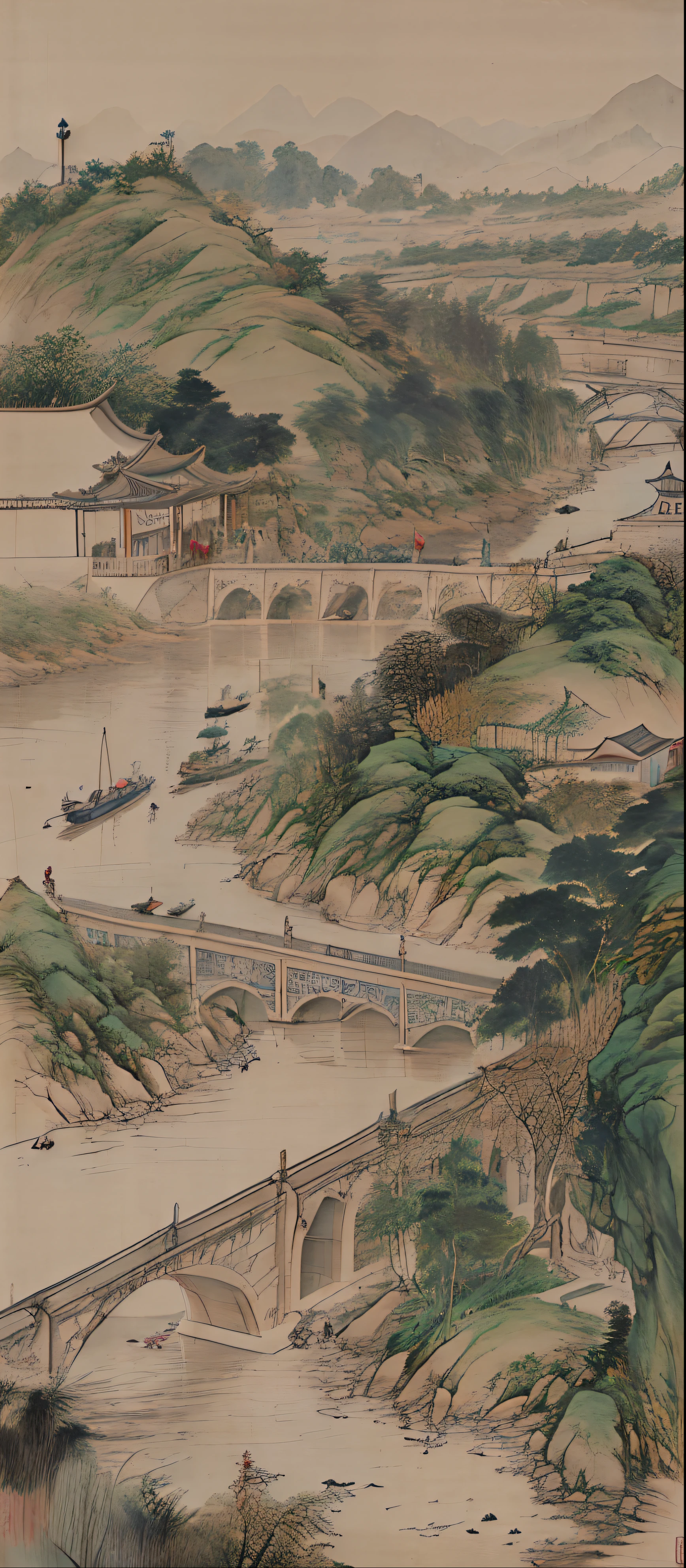 scenecy。Qingming upper river map，Horizontal layout，A high resolution，Best quality，ultra - detailed，dynamic angle，afloat，Bustling cityscape，Complicated details，historical buildings flowing river，vivd colour，Volumetriclighting，Crowded boats and bridges，Rich cultural background。