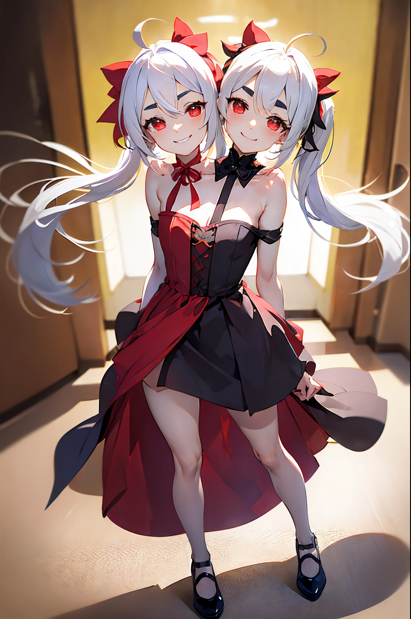(2heads:1.6), masterpiece, absurdres, best quality, 1boy, androgynous, solo, cute, (white hair:1.2), long twintails, red eyes, big smile, half-closed eyes, tired eyes, red eyes, short, petite, (flat chested), (red hair ribbons), (short black dress:1.1), bare legs, black shoes, ahoge, (thick eyebrows:1.1), beautiful background, turned away from viewer, back