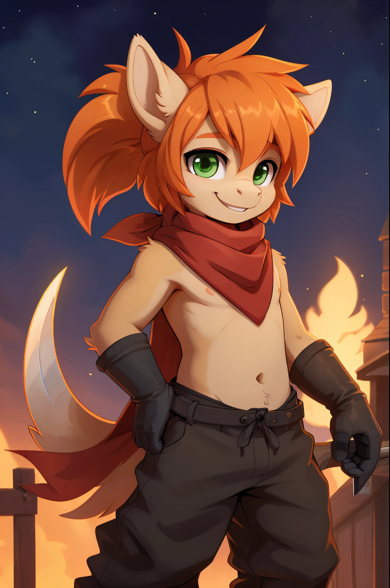 Young anthro pony, kid, red scarf, baggy black clothes, black glove on right arm, black right arm, Tan body, orange hair, green eyes, Holding dagger, Holding dagger to chest, smiling, tan pants, long red tattered scarf