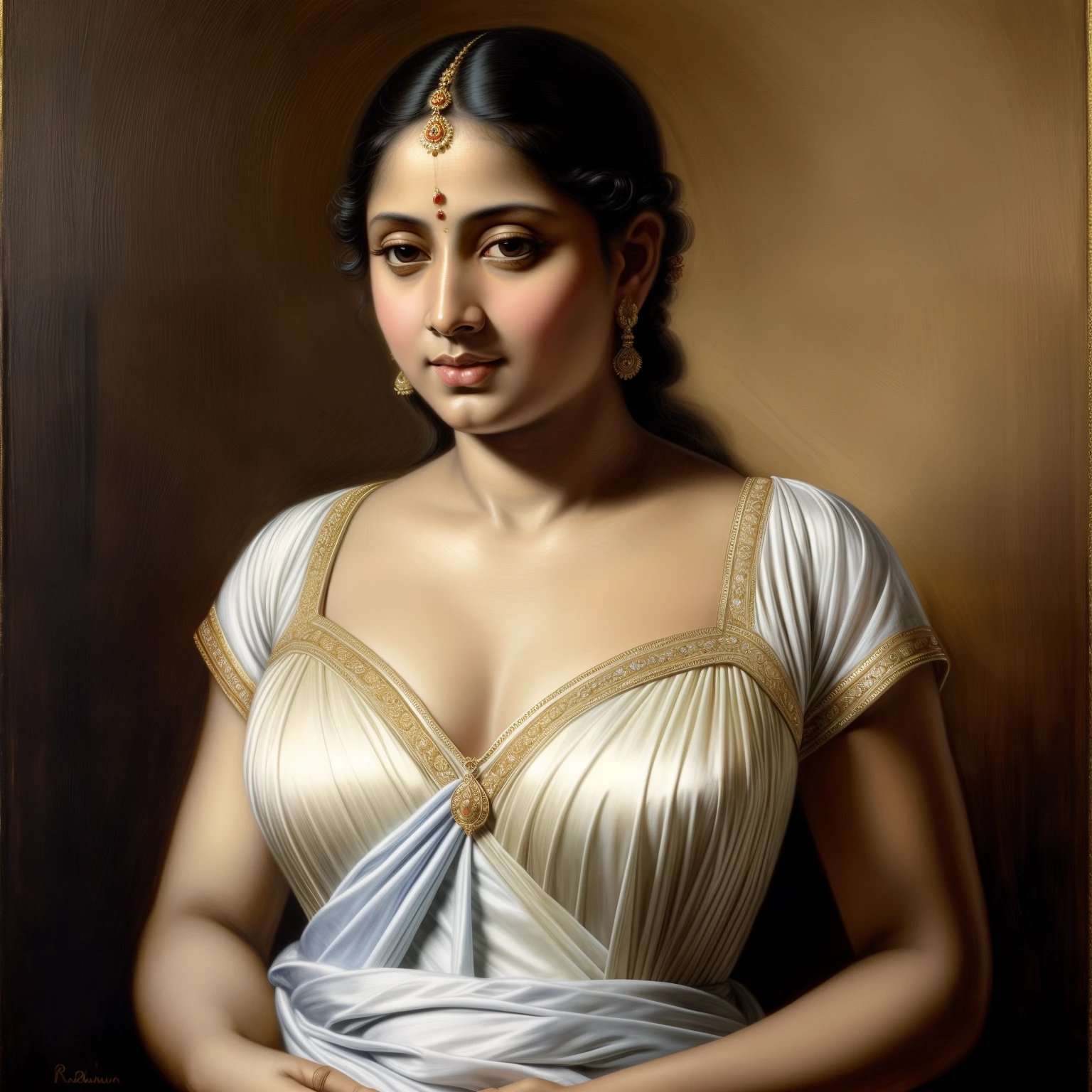 Beautiful Indian Woman, wearing saree, sari Beauty, gorgeous, Apsara, Maharani, royal queen woman, nymph from Hindu Mythology, Urvashi, matchless beauty, Highly detailed, Oil Painting by Peter Paul Rubens inspired by Raja Ravi Varma, Matchless beauty, captivating, gorgeous, heavenly beauty, celestial beauty, by Peter Paul Rubens, 1893, realistic, hyper realistic, micro details, incredible artwork, insane details, ultra High resolution, 8k, 32k, acrylic on canvas, intricate, flawless, detailed, detailed face, detailed eyes, masterpiece, by Peter Paul Rubens, by Caravaggio, by William Adolphe bouguereau, perfect face, perfect body, beautiful art, realism, baroque, renaissance Art, highly textured, beautiful and detailed eyes, uhd, best quality,