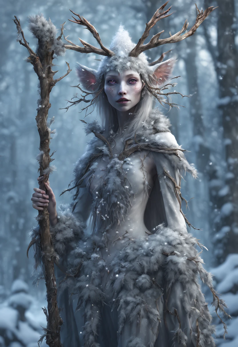 a fantasy winter twig creature in a forest, a character portrait, SNOWY forest background by Wendy Froud, in the style of Donata Giancarlo featured on zbrush central, fantasy art, wild rave outfit, anthropomorphic, psytrance, flora, 4K OCTANE RENDER, FANTASY ART.