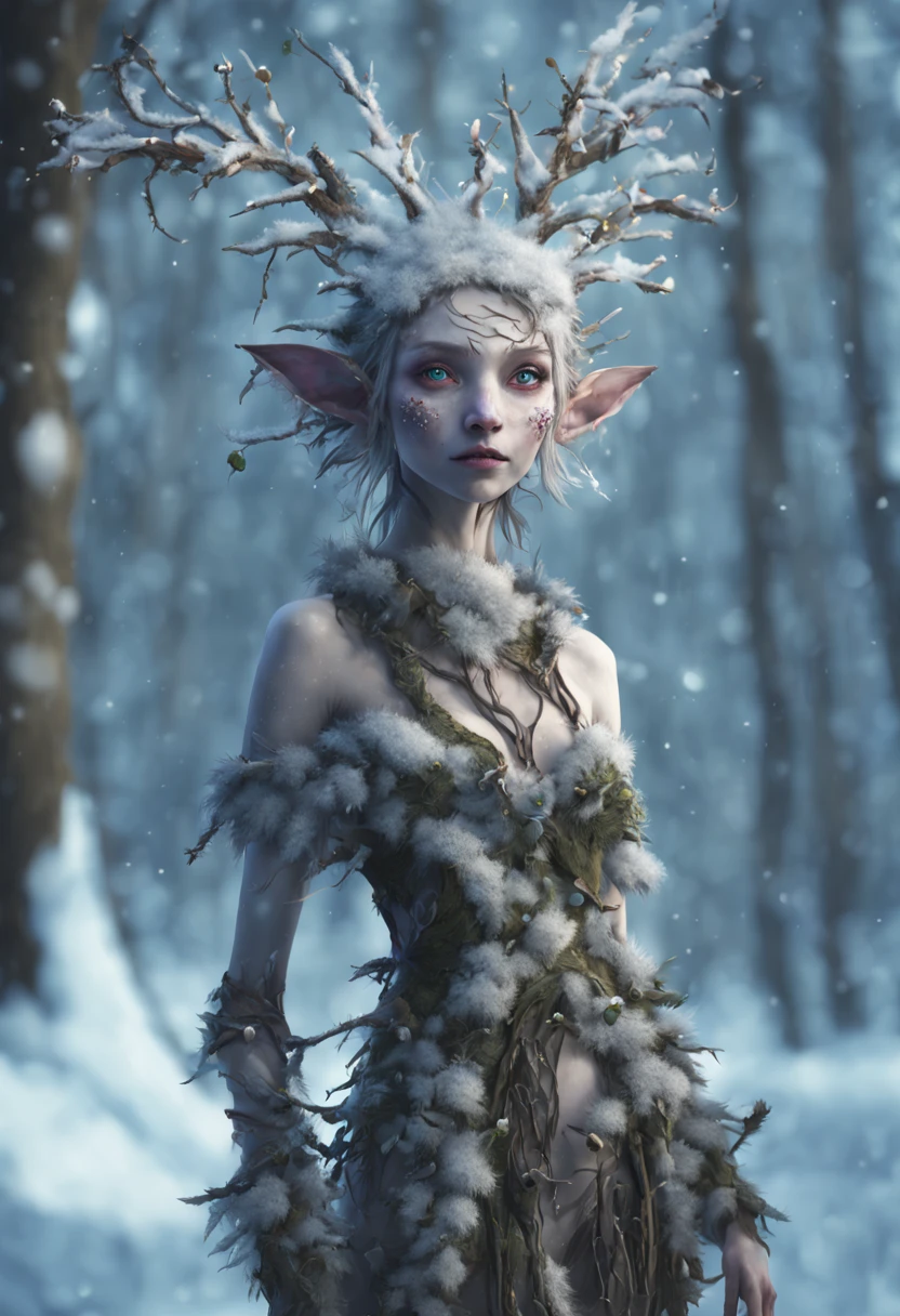 a fantasy winter twig creature in a forest, a character portrait, SNOWY forest background by Wendy Froud, in the style of Donata Giancarlo featured on zbrush central, fantasy art, wild rave outfit, anthropomorphic, psytrance, flora, 4K OCTANE RENDER, FANTASY ART.