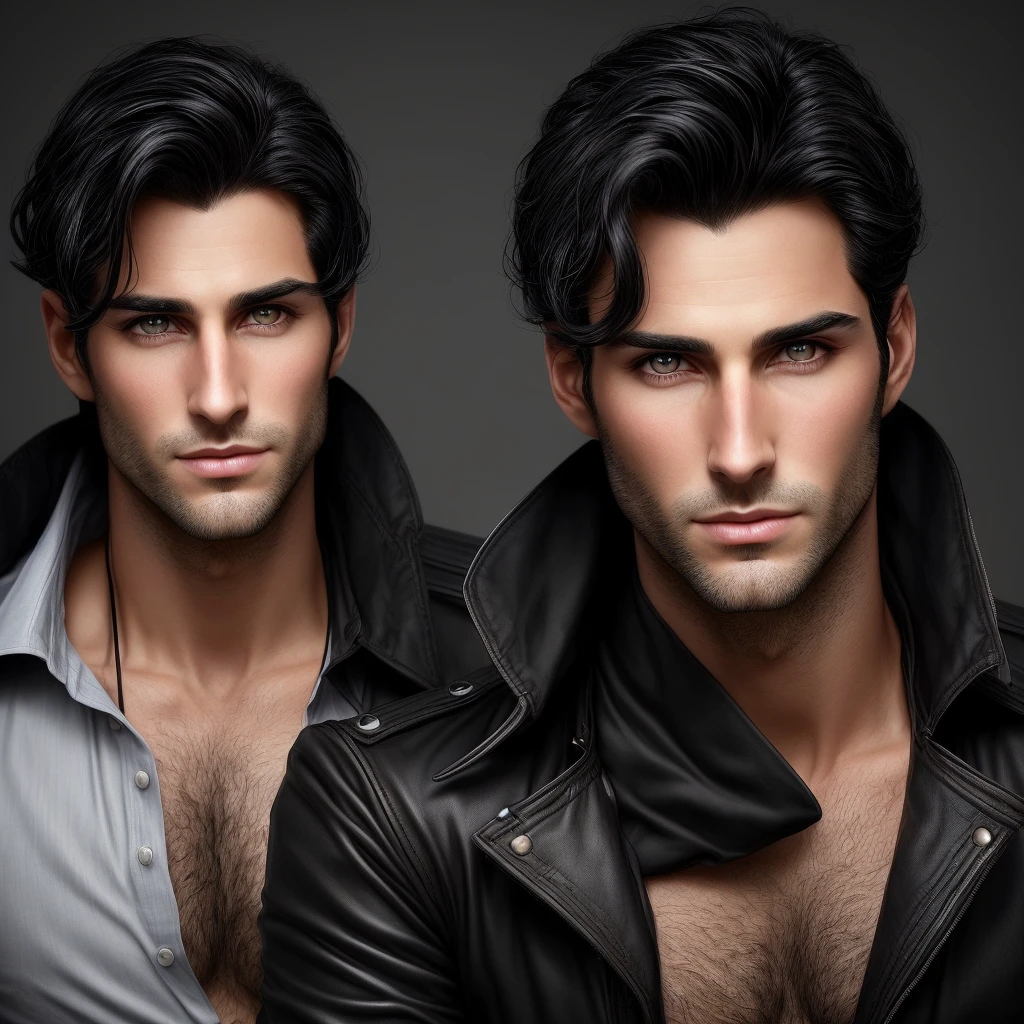 Man in his thirties with jet black hair and olive skin. He looks like a scoundrel. Ojos detallado, labios deliciosos, (maquillaje de ojos de gato: 0,85), (ojos grandes: 1,0), ojos azules