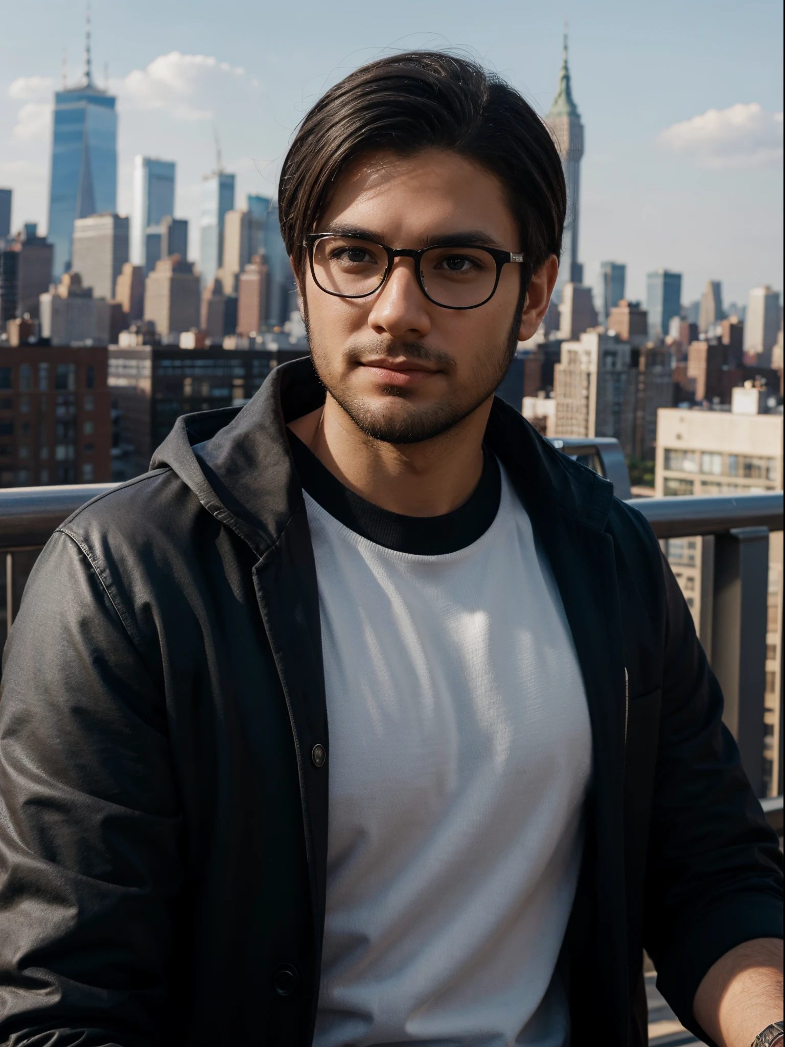 Div, young handsome man wearing glasses taking a selfie with New York City in background, ultra realistic, detailed and sharp image, 8k, light beard, straight black hair, styles hair,