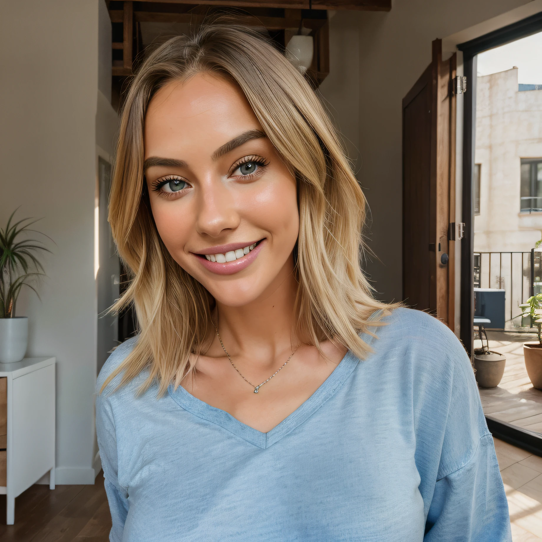 photorealistic, best quality, hyper detailed, smiling, smile with teeth, realistic eyes, entire body, detailed lips, 8K, iperrealistic, beautiful woman with natural blonde hair, selfie photo, full body, solo, wearing casual wear, indoororning), walking in the streets, (relaxed), film grain, close up, ultra high res, best shadow, RAW, instagram LUT
