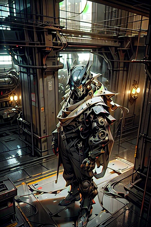 Weapons of the future. Cyborg, Ghost in the Shell. Dark mechanoid, cybernetic machine-robot in a vast hall. ), (Urbanized interior). High, gigantic ceiling, large hall. Assembly workshop of high-tech machines. Industrial interior. The floor is paved with large concrete slabs, and strong gratings in the floor - shafts. In the center, are cyborg, android, metal, plastic, wires, and technological equipment. Heavy weapons on hand, turbines, nozzles. wings, powerful torso. Hard stone floor, very high ceiling, (along the perimeter of the walls there are arches - semicircular niches, cybernetic gothic), (weapons, mechanisms, combat robots, equipment in the side niches, cabinets with electronics, wires winding to the floor). The structure is filled with a large number of military robots. Weapons workshop center in cyberpunk, modern style. White and black plastic, aluminum, polished artificial stone, 3D architectural printing. The walls are decorated with complex geometric patterns. White and black with gold predominate in the main color range. The general stage is in twilight. The central part of the corridor is well-lit from above (Cyberpunk, futurism), (Ghost in the Shell style, Japanese anime.
Interior lighting, neutral-warm light-cold shadows, matrix geometry, and secret symbolism decorate the walls. The tall shapes of the walls are the atmosphere of the future, an alien, highly developed civilization. Warm bright - contrasting light, light cold shadows, clear image of details, texture, decor (high image quality), (Clear high-quality render), (unreal engine), SD quality, 8K. Stylization Animation, RiotGames, Lucas Arts, Japanese cyberpunk anime, Blade Runner. Sh.R. Giger "Alien".