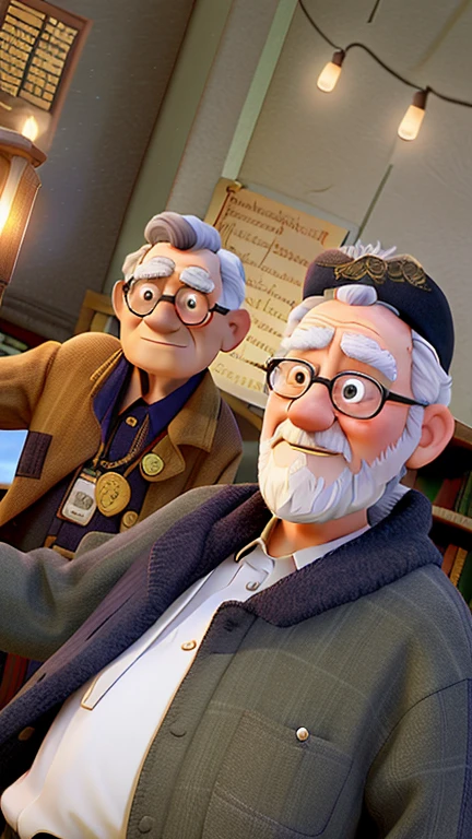 A wise old man standing in front, illuminated by the light of a lamp, against the backdrop of a library