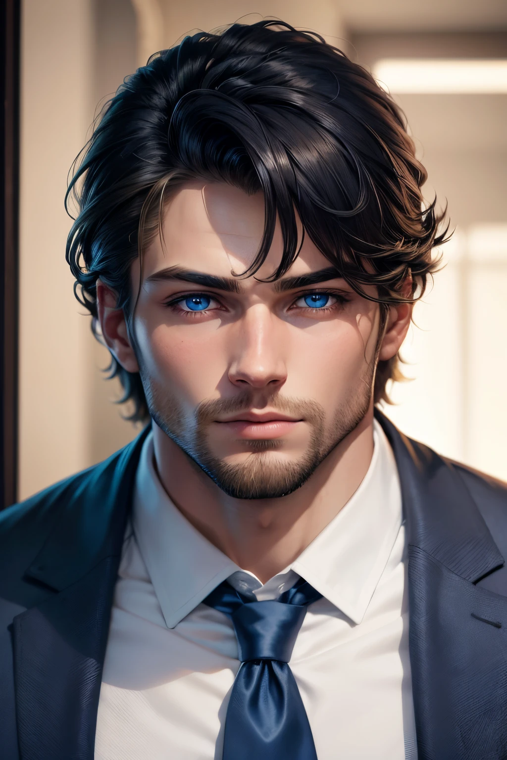 Blonde with blue eyes, Portrait of a Man, beautiful stunning realistic, handsome male, blonde man, long blonde hair and blue eyes, with long blond hair, beautifull detailed face, background dark, Jacket black