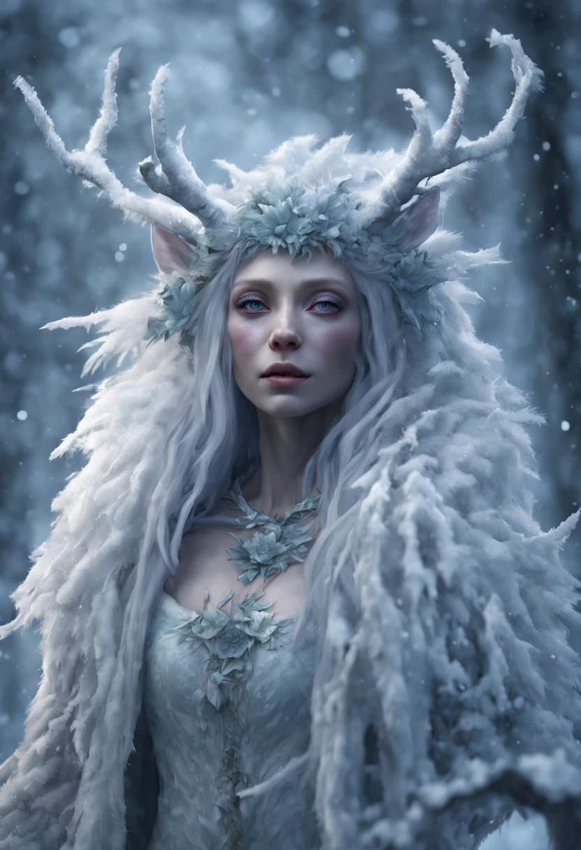 a fantasy winter SPIRIT creature in a forest, aN ETHEREAL character portrait, SNOWY forest background by Wendy Froud, in the style of Donata Giancarlo featured on zbrush central, fantasy art, wild rave outfit, anthropomorphic, psytrance, flora, 4K OCTANE RENDER, FANTASY ART.