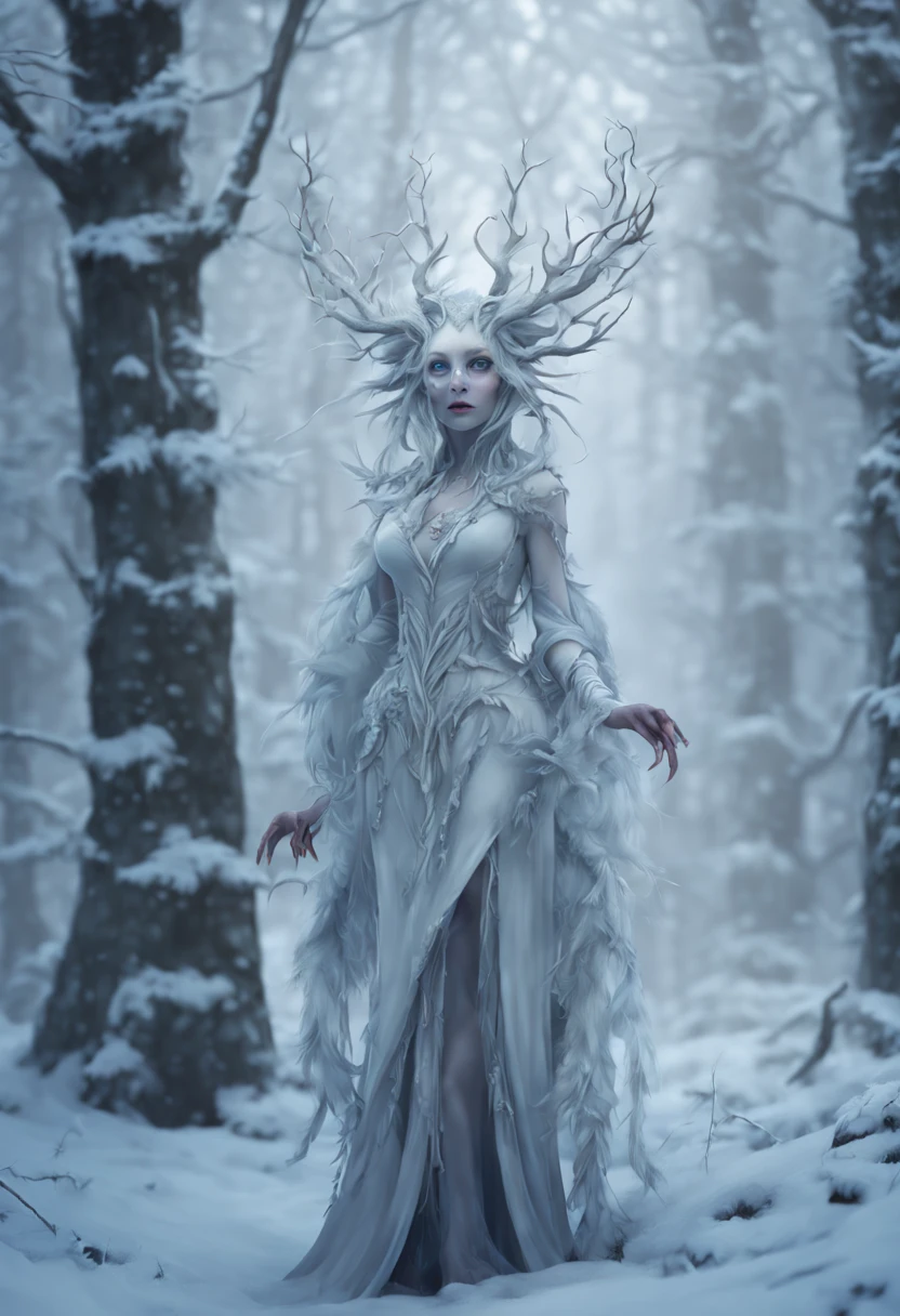 a fantasy winter SPIRIT creature in a forest, aN ETHEREAL character portrait, SNOWY forest background by Wendy Froud, in the style of Donata Giancarlo featured on zbrush central, fantasy art, wild rave outfit, anthropomorphic, psytrance, flora, 4K OCTANE RENDER, FANTASY ART.