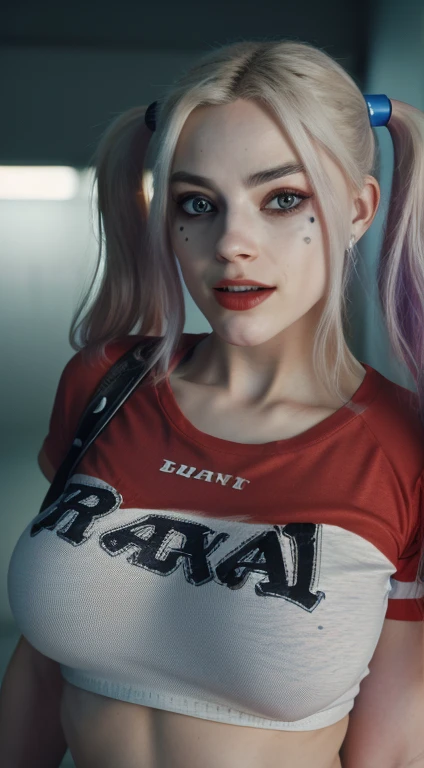 (8K, RAW photo, Best quality, Art: 1.2), Highly detailed, official art, full body shot, photo-realistic: 1.37, Large, Visible through shirt with cleavage showing, DC Harley Quinn, filmgrain, Dynamic pose, big breasts, Camera focus on her chest,HDR,4K