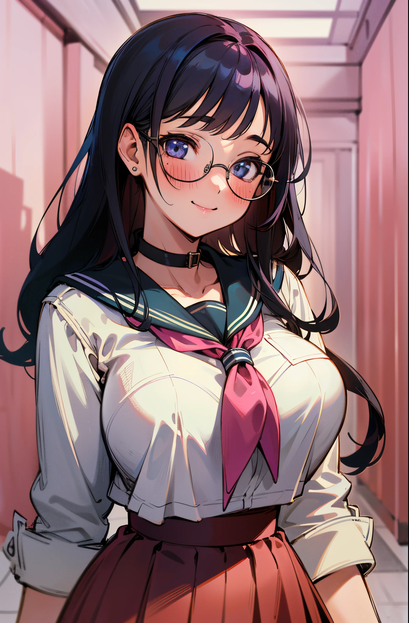 (1girl:1.4) beautiful, perfect eyes, perfect face, perfect lighting, 1girl, long black hair, (large breasts:1.2) wide hips, schoolgirl sailor uniform, white blouse (pink collar:1.2) pink skirt, shy smile, thick round glasses, cheeks blushing, absurdres, [perfect shadows and lighting] detailed background, incredible high-key lighting, rich colors, school hallway background, accurate, anatomically correct (masterpiece:1.3) ultra detailed illustration, (best quality:1.1), textured skin, high details, award winning, highres, UHD, UHD, UHD, UHD, UHD, award winning, highres