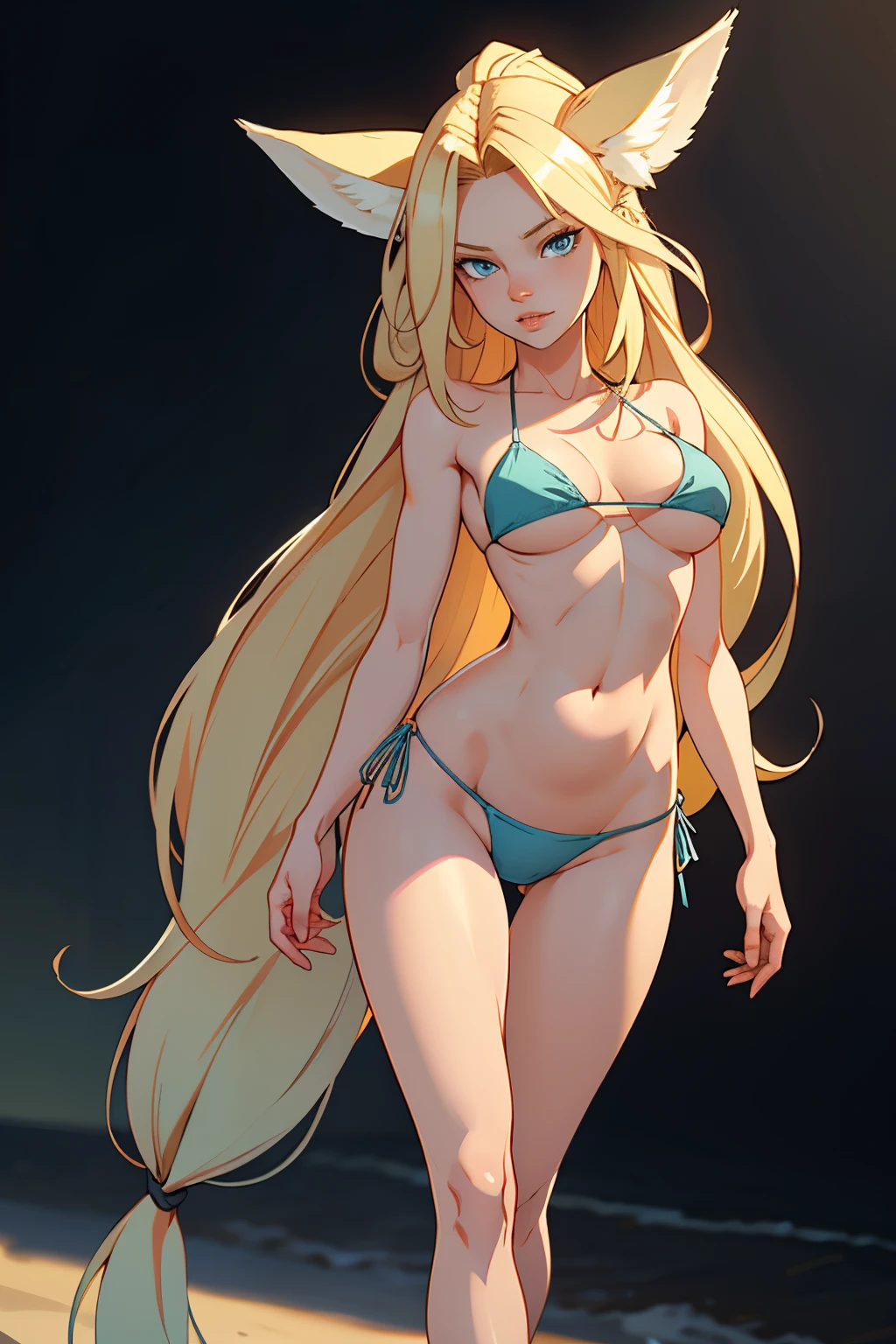 Beautiful 1girl, full body, teenager, solo, (very long waist length blonde hair, straight blonde hair: 1.28), ((light blue eyes)), clear skin, (large darker fox ears: 1.35), pale skin, medium breasts, cleavage, (thin hips, thin waist , athletic body: 1.25), background, looking away, (wearing only a bikini: 1.5), groping chest, walking in the sand, masterpiece, best quality,3d rending work ,3DMM style, close-up, portrait, 3D,