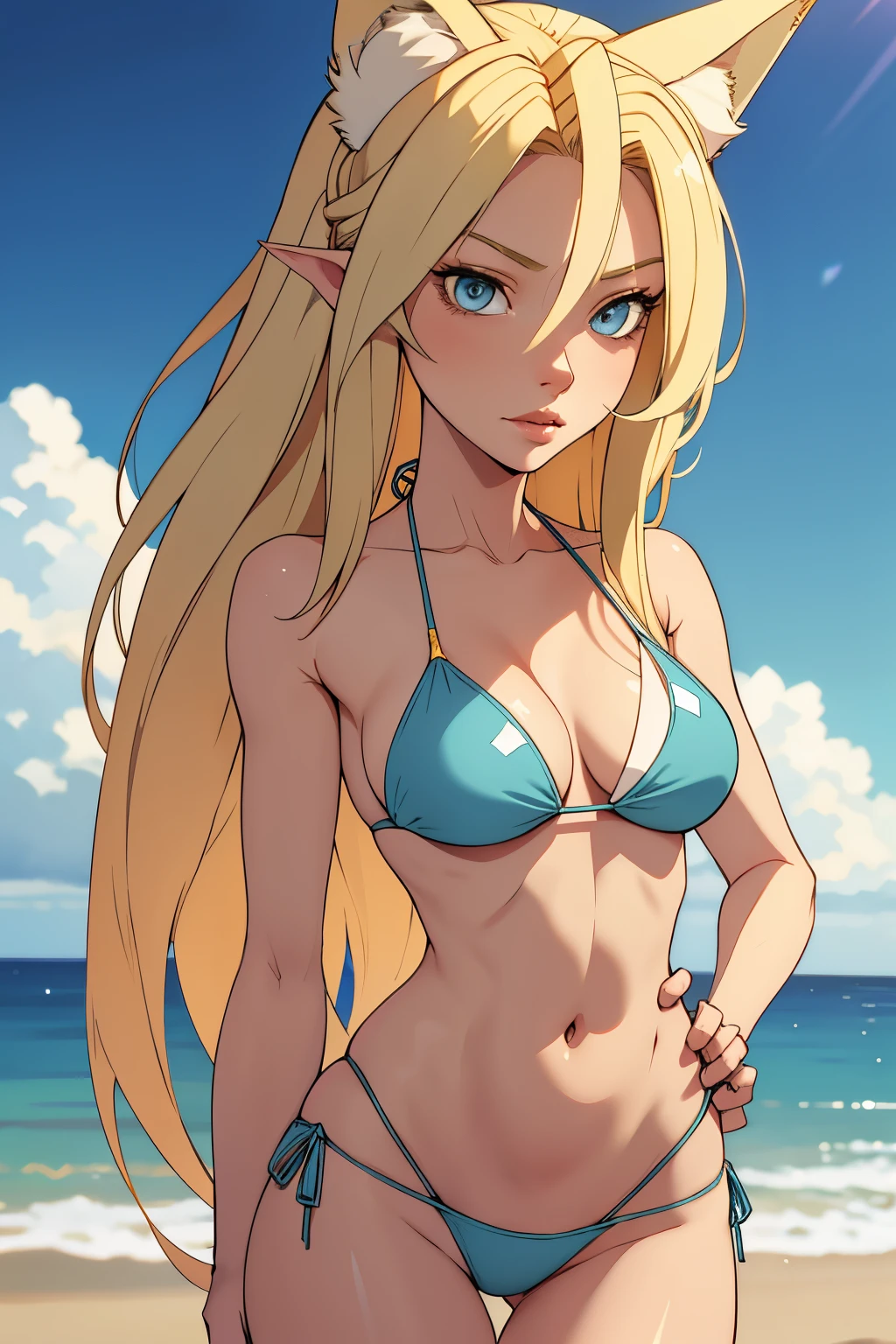 Beautiful 1girl, full body, ager, solo, (very long waist length blonde hair, straight blonde hair: 1.28), ((light blue eyes)), clear skin, (large darker fox ears: 1.35), pale skin, medium breasts, cleavage, (thin hips, thin waist , athletic body: 1.25), background, looking away, (wearing only a bikini: 1.5), groping chest, walking in the sand, masterpiece, best quality,3d rending work ,3DMM style, close-up, portrait, 3D,
