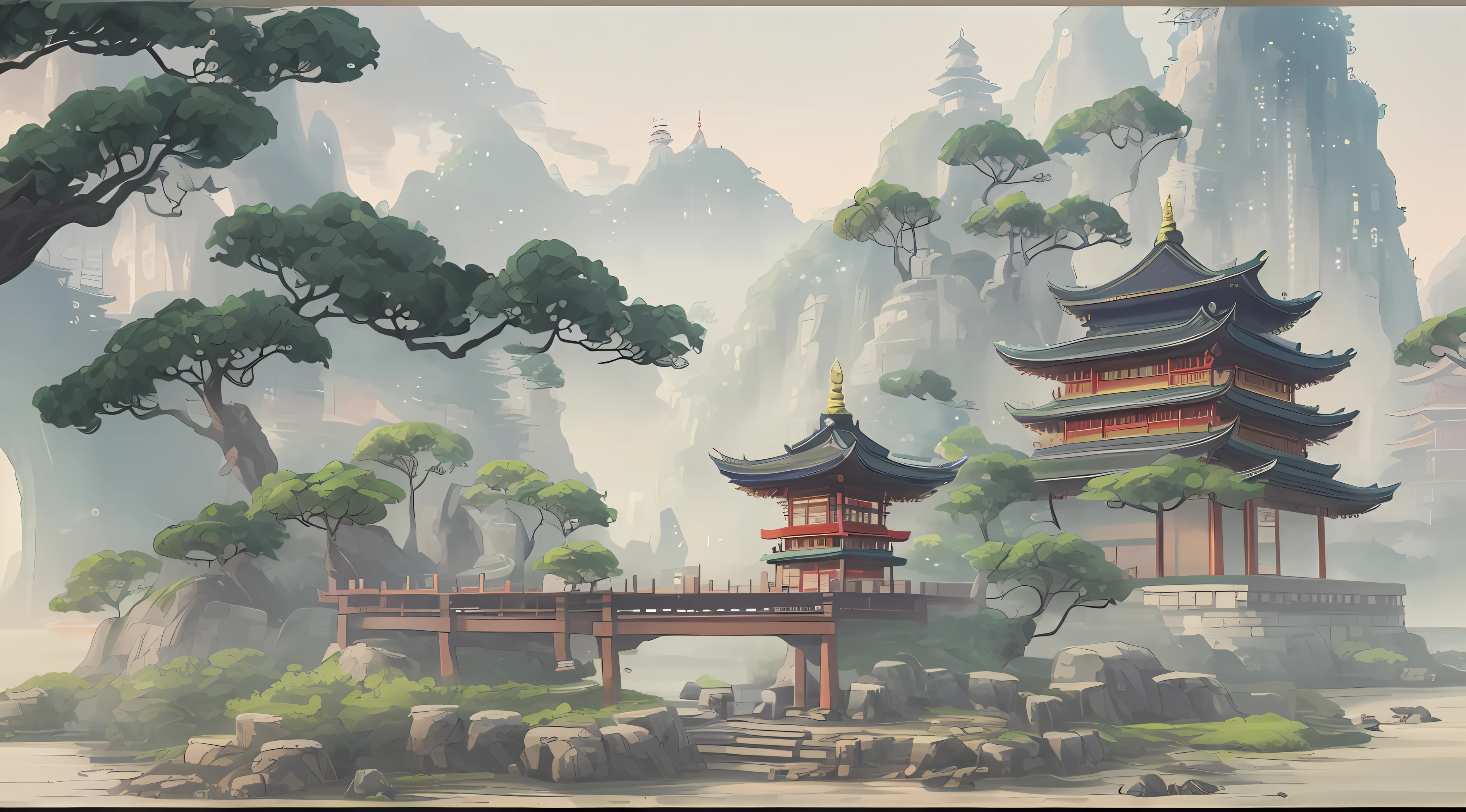 There a painting,Tower with trees in the forest, G Liulian art style, chinese watercolor style, digital painting of a pagoda, Anime background art, Cyberpunk ancient Chinese castle, Detailed scenery – width 672, Anime landscape concept art, ancient city landscape, a temple background, Anime landscapes, Zen temple background, landscape artwork, Dreamy Chinese town