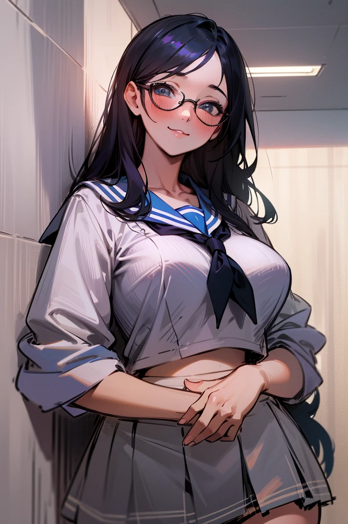 1womanl,Black hair,14years,(((White and blue shiny gym uniform and micro skirt)))(())(((Blushing cheeks、Smile with open mouth)),(((Satin Narico))),((( Portrait on the knee))),Crowds,and micro skirt,Wet with sweat(((Sexy Bra)))(eye glasses)