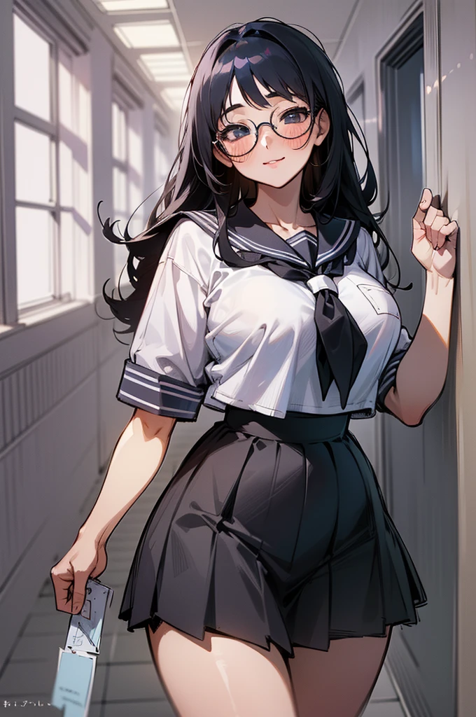 (1girl:1.4) schoolgirl, beautiful, perfect eyes, perfect face, perfect lighting, 1girl, long black hair, (large breasts:1.2) wide hips, white and pink schoolgirl sailor uniform, short skirt, shy smile, thick round glasses, cheeks blushing, absurdres, [perfect shadows and lighting] detailed background, incredible high-key lighting, rich colors, school hallway background, accurate, anatomically correct (masterpiece:1.3) ultra detailed illustration, (best quality:1.1), textured skin, high details, award winning, highres, UHD, UHD, UHD, UHD, UHD, award winning, highres