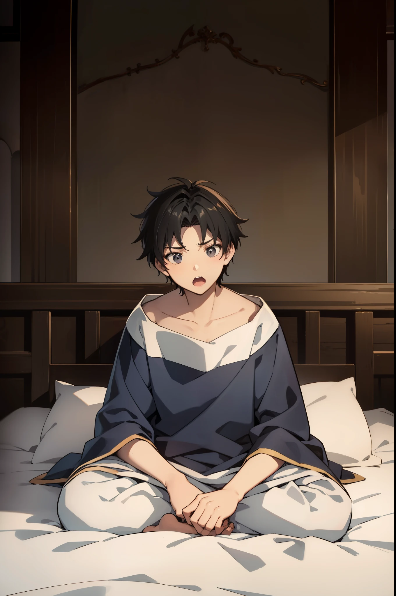 One man, 16 years old, simple medieval noble sleeping clothes, messy black hair, surprised, sitting on a medieval noble bed